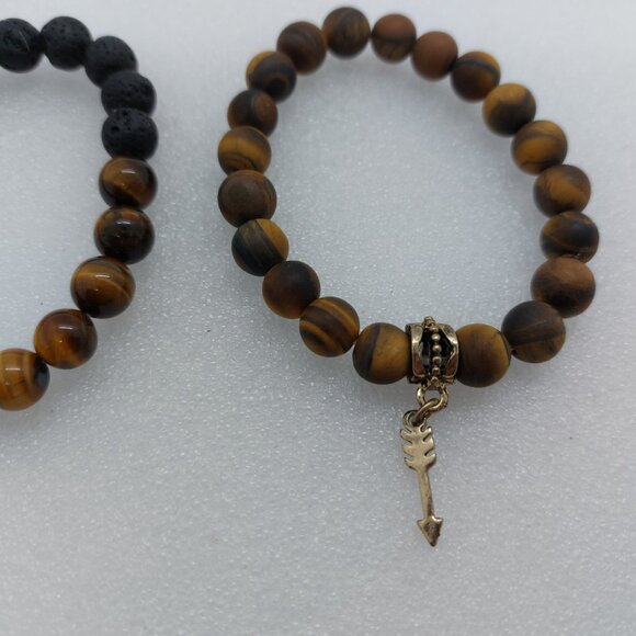Tigers Eye & Lava Gemstone Stretch Bracelet & Key Chain Matte & Gloss Finish - Picture 3 of 7